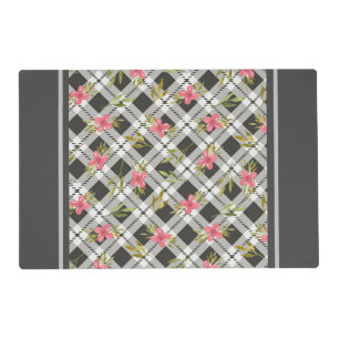 Gray Plaid With Pink Flowers Laminated Placemat
