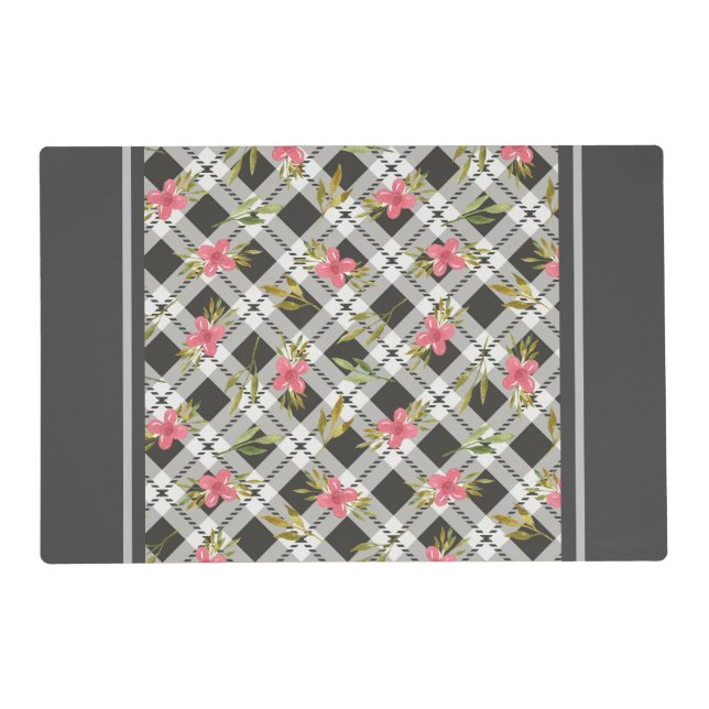 Gray Plaid With Pink Flowers Laminated Placemat (Front)