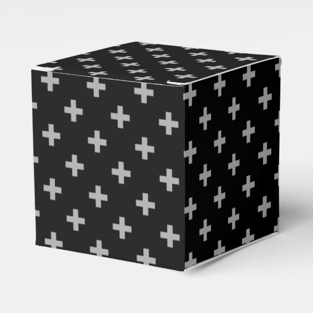Gray polka crosses on black favor boxes (Front Side)