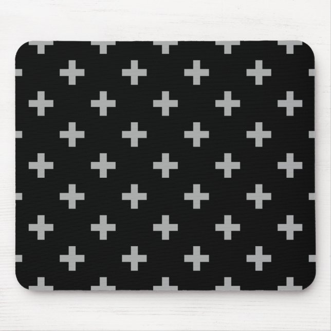 Gray polka crosses on black mouse pad (Front)