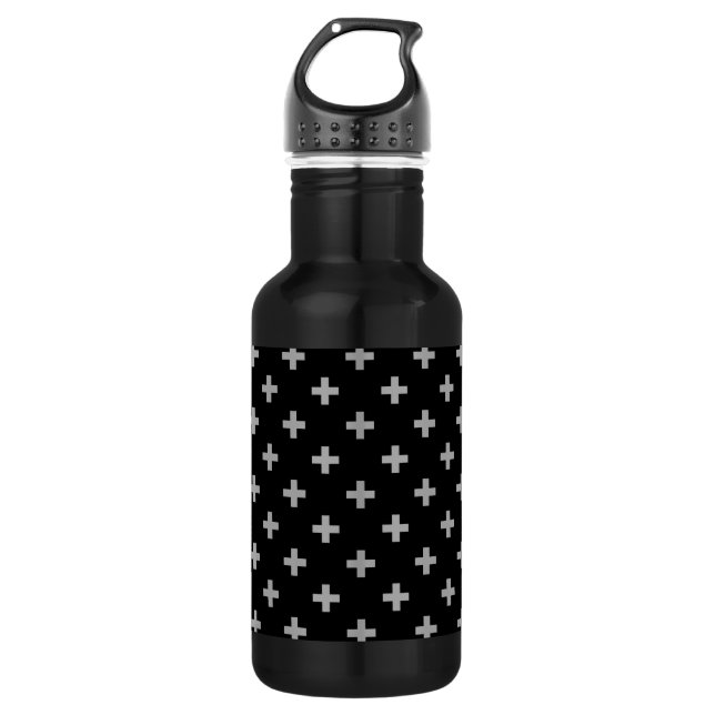 Gray polka crosses on black stainless steel water bottle (Front)