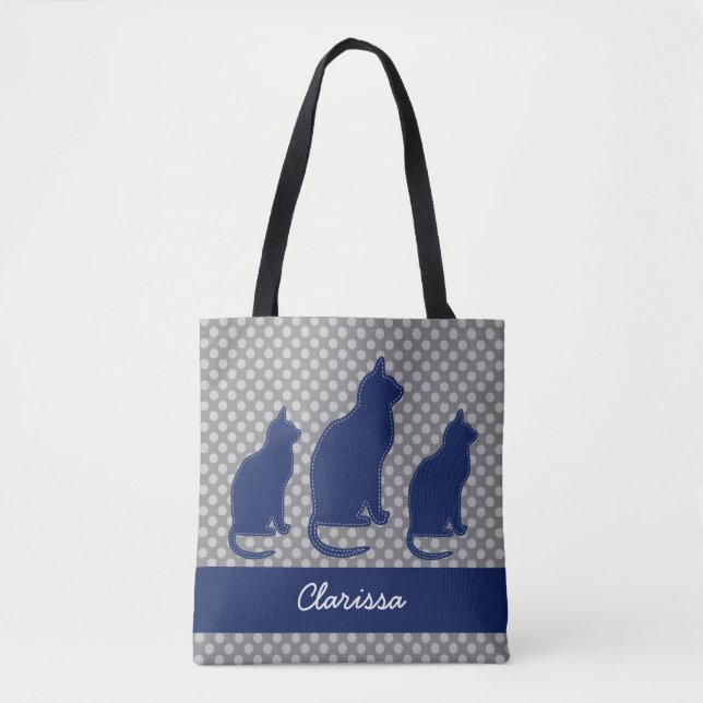Gray Polka Dot with Navy Blue Cats Tote Bag (Front)