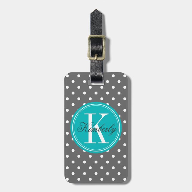 Gray Polka Dot with Teal Monogram Luggage Tag (Front Vertical)