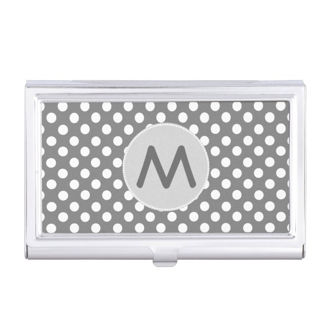 Gray Polka Dots Monogram Business Card Case (Front)