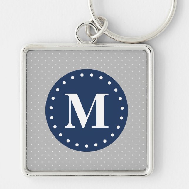 Gray Polka Dots Navy Blue Monogram Keychain (Front)