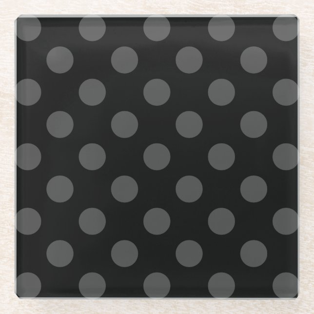 Gray polka dots on black glass coaster (Front)
