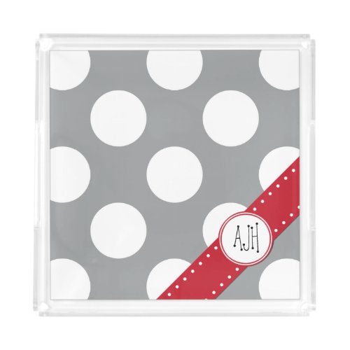 Gray Polka Dots Polka Dot Pattern Monogram Acrylic Tray