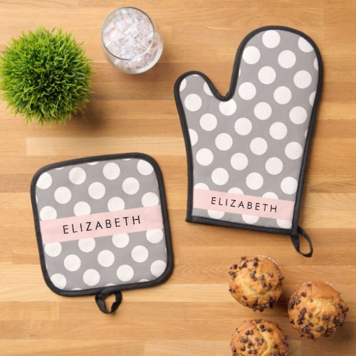 Gray Polka Dots Polka Dot Pattern Your Name Oven Mitt  Pot Holder Set