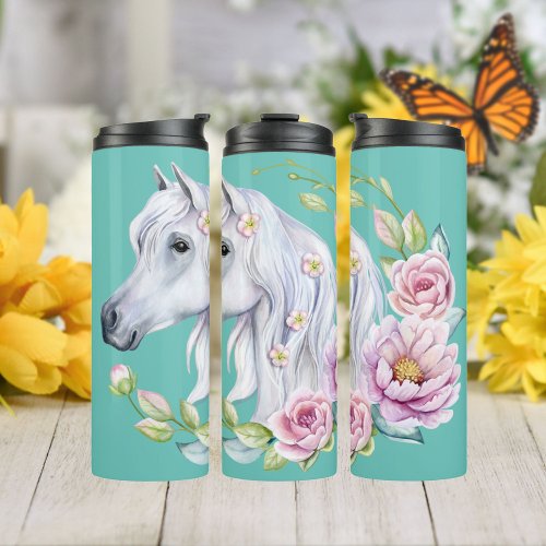 Gray Pony With Flowers  Thermal Tumbler