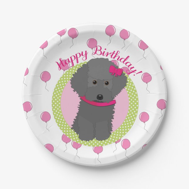 Gray Poodle Birthday Dog Pink Balloons Paper Plates (Front)