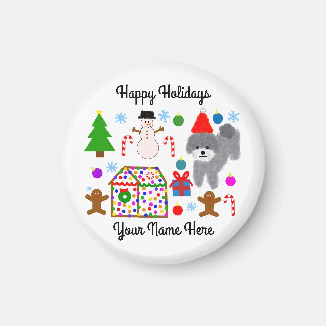 Gray Poodle Christmas #3 Round Magnet  (Front)