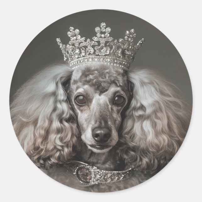 Gray Poodle Dressed as a Princess Classic Round Sticker (Front)