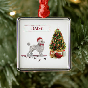 Gray Poodle Funny Christmas Dog with Tree Metal Ornament