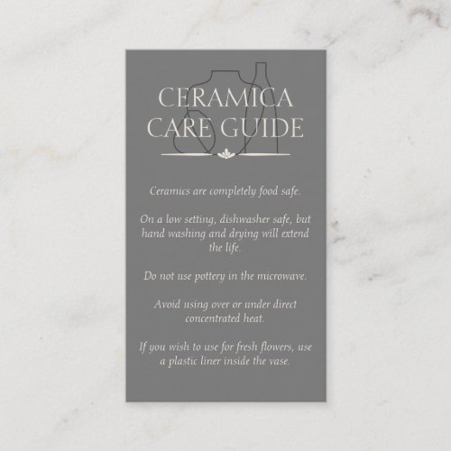 Gray Pottery Vase Ceramic Caring Instruction Business Card