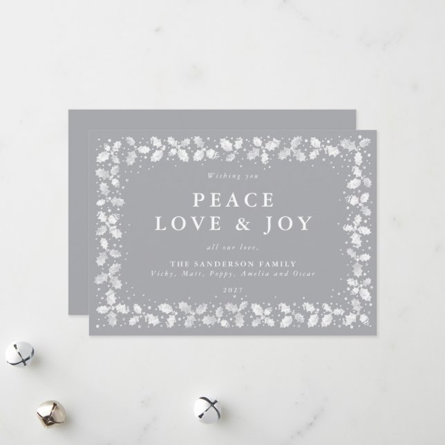 Gray Printed Holly + Berries Border Flat Non Photo Holiday Card (Front/Back In Situ)