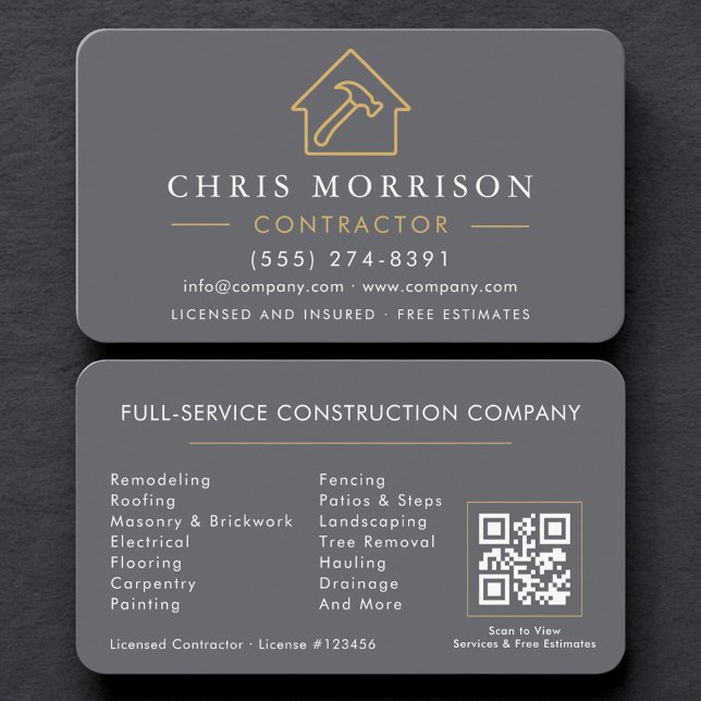 Gray Professional Contractor & Builder QR Code Business Card (Creator Uploaded)