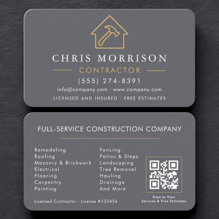 Gray Professional Contractor Builder QR Code Business Card