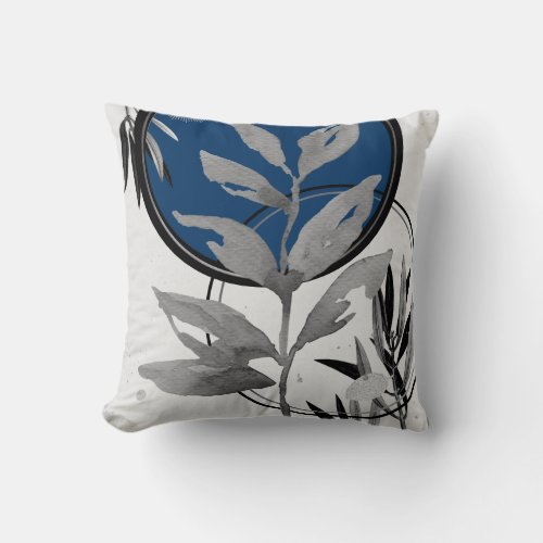Gray  Prussian Blue Abstract Watercolor Leaf Throw Pillow