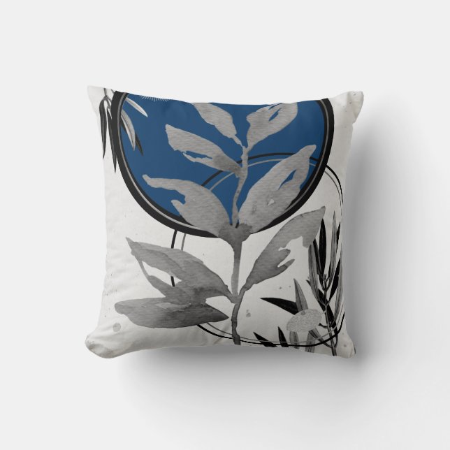 Gray & Prussian Blue Abstract Watercolor Leaf Throw Pillow (Front)