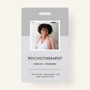Gray Psychotherapist Counselor Photo Name Tag ID Badge