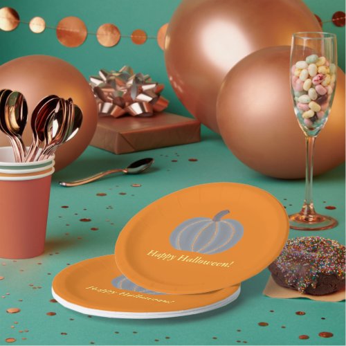 Gray Pumpkin Orange Lights Happy Halloween Plates