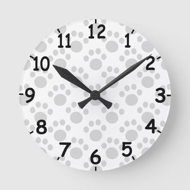 Gray Puppy Paw Print Pattern Round Clock (Front)