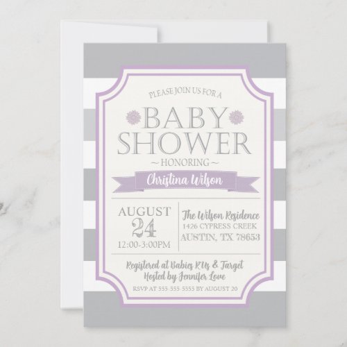 Gray  Purple Baby Shower Invitation