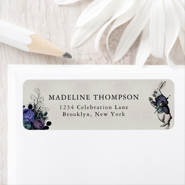 Gray Purple Blue Floral Rabbit Alice in Wonderland Label (Insitu)