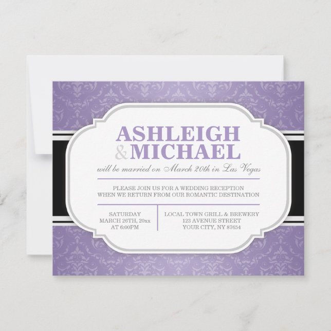 Gray & Purple Damask Wedding Reception ONLY RSVP Card (Front)