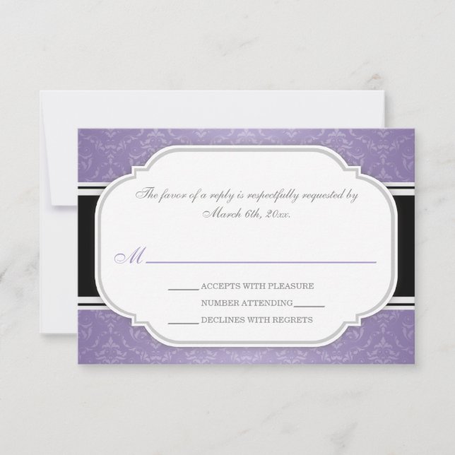 Gray & Purple Damask Wedding Reception RSVP Cards (Front)