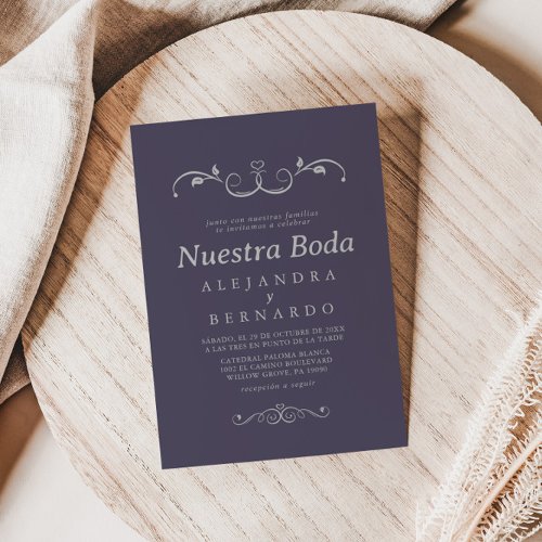  Gray Purple Elegant Nuestra Boda Spanish Wedding Invitation