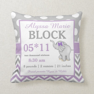 Gray Purple Elephant Baby Announcement Pillow