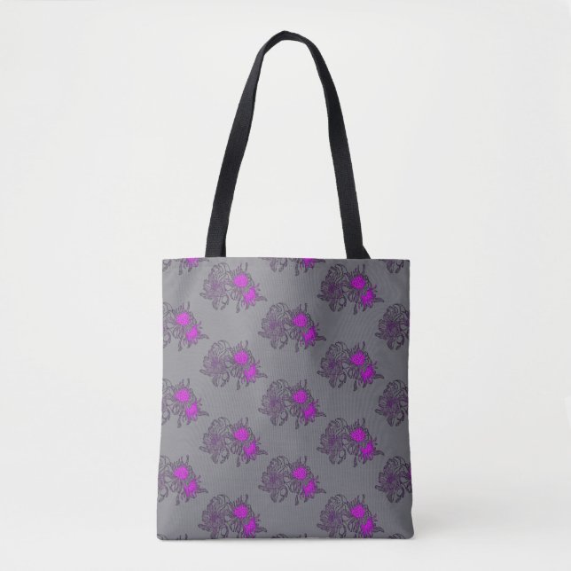Gray Purple Floral Pattern Tote Bag (Front)