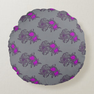 Gray Purple Floral Round Pillow