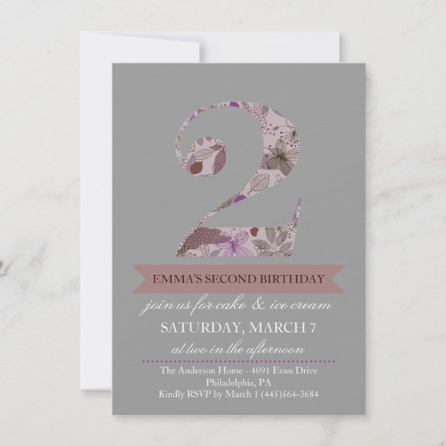 Gray & Purple Floral Two Birthday Invitation (Front)
