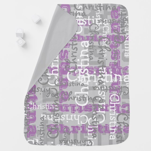 Gray Purple Girl Allover Name Collage Personalized Baby Blanket (In Situ)