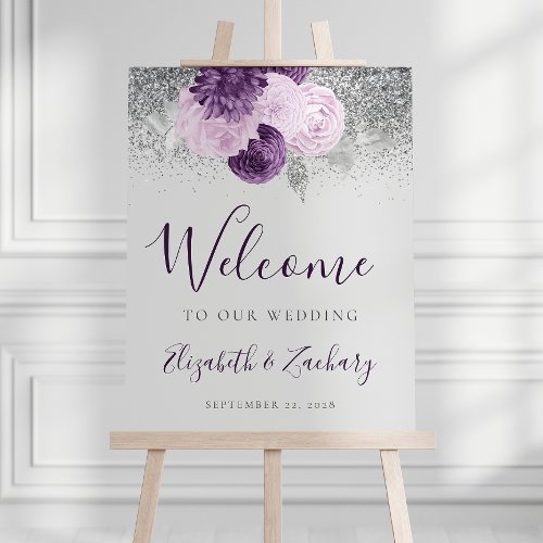 Gray Purple Silver Floral Wedding Welcome Foam Board