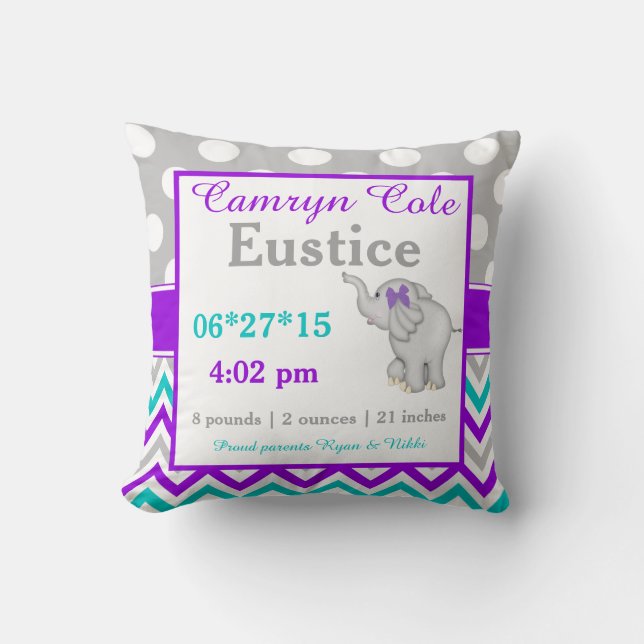 Gray Purple Teal Elephant Baby Announcement Pillow (Front)