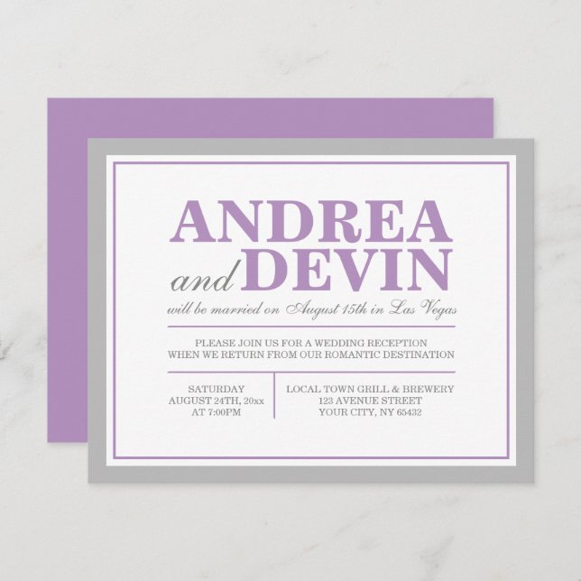 Gray & Purple Wedding Reception ONLY Invitations (Front/Back)