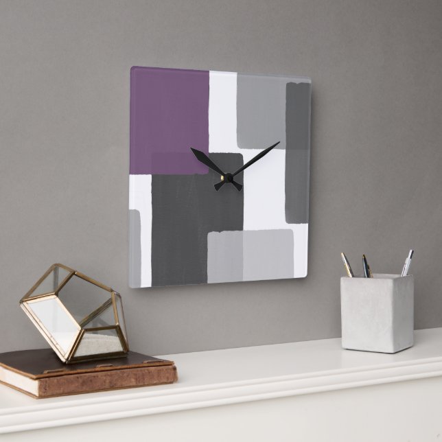 Gray Purple White Geometric Modern Minimalist Square Wall Clock (Office)