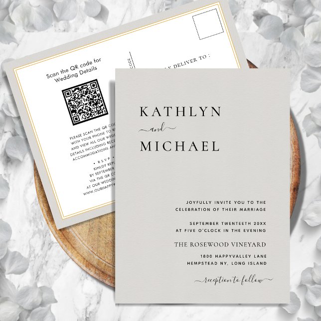 Gray QR Code All In One Modern Minimalist Wedding Invitation Postcard (Creator Uploaded)