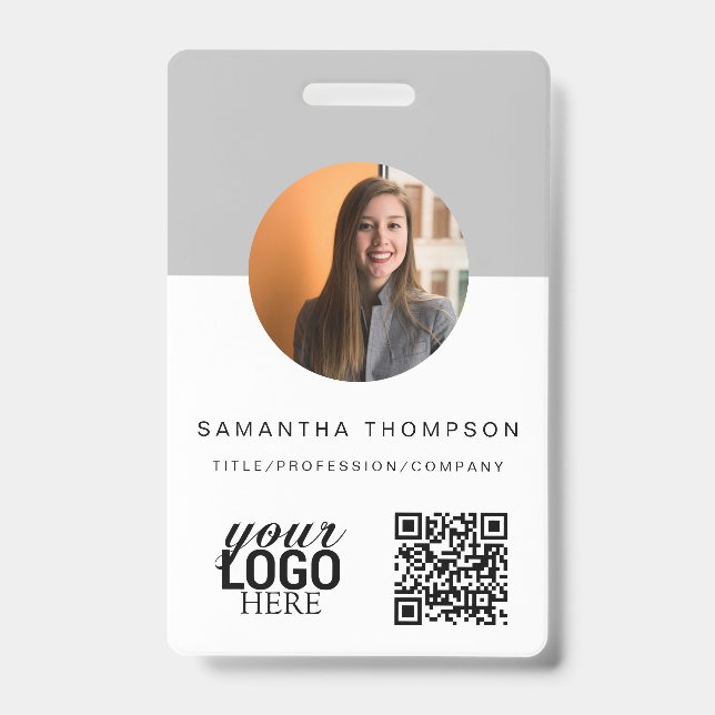 Gray QR Code Business Logo ID Card Business  Badge (Front)