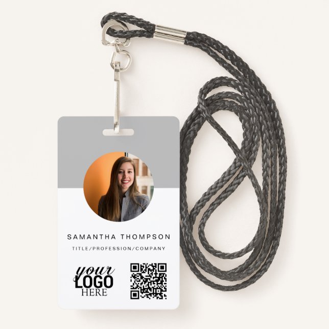 Gray QR Code Business Logo ID Card Business  Badge (Front with Lanyard)