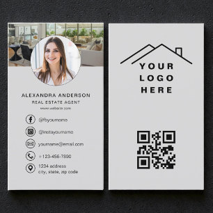 Gray QR Code Real Estate Agent Photo Logo Business Card