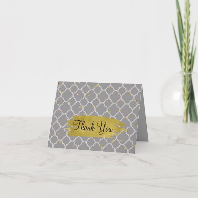 Gray Quadrefoil and Gold Dots Thank You Note Card (Front)