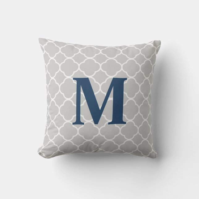 Gray Quadrefoil and Monogram Outdoor Pillow (Front)