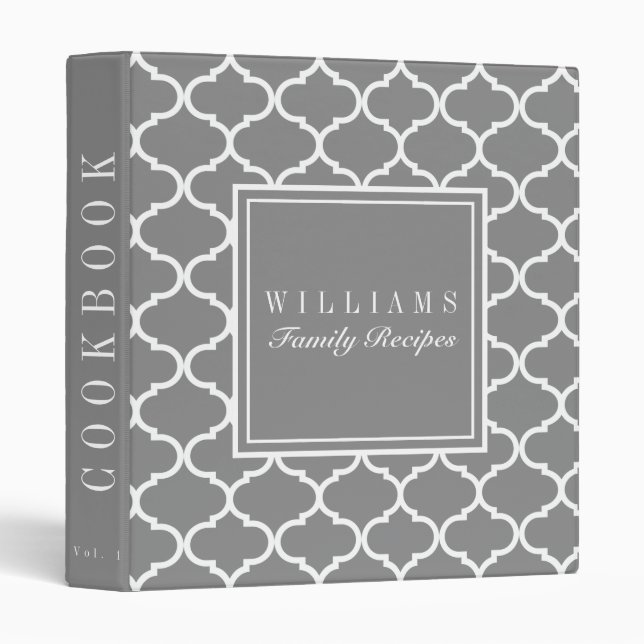 Gray Quatrefoil Family Recipe Cookbook 3 Ring Binder (Front/Spine)