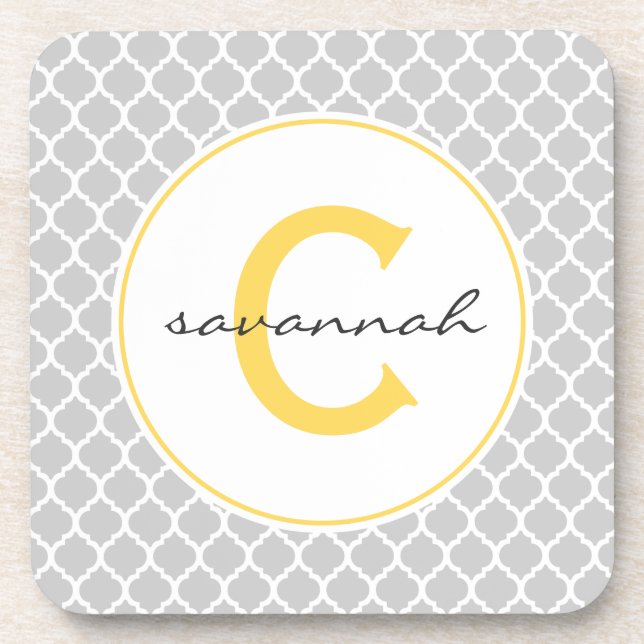 Gray Quatrefoil Monogram Coaster (Front)