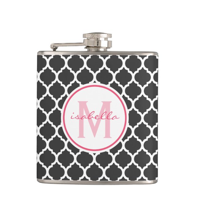 Gray Quatrefoil Monogram Hip Flask (Front)