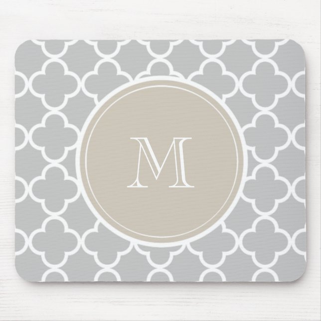 Gray Quatrefoil Pattern, Beige Monogram Mouse Pad (Front)
